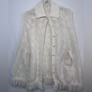 Vintage Wintuck Ivory Knit Shawl Cardigan Fringe Hem Button Front